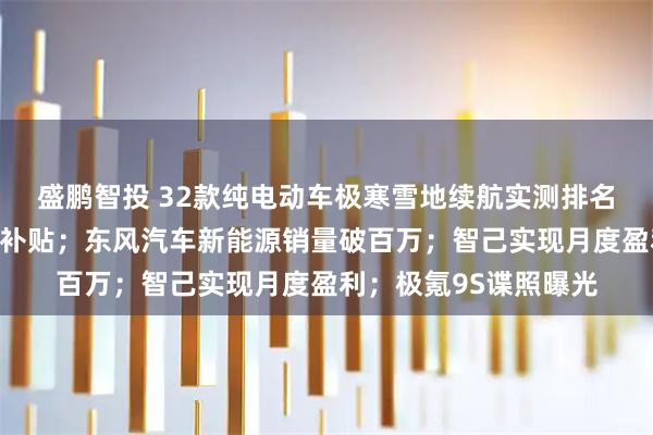 盛鹏智投 32款纯电动车极寒雪地续航实测排名；多地紧急追加汽车补贴；东风汽车新能源销量破百万；智己实现月度盈利；极氪9S谍照曝光
